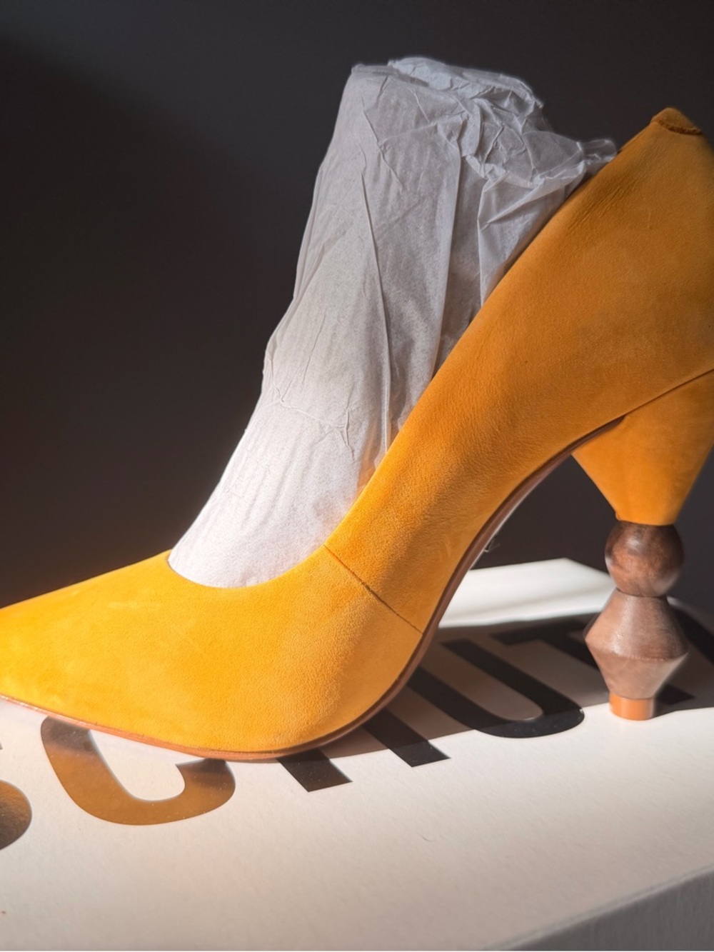SCHUTZ Yellow Suede Sculptural Heel Pumps